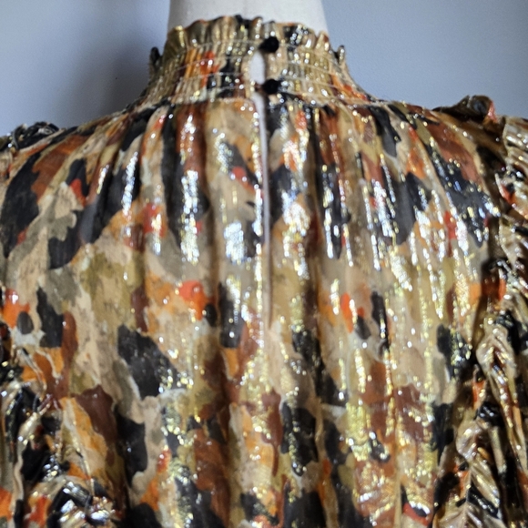BA&SH New Gilda Silk Metallic Ochre Ruffle Abstract Lady Blouse Top SZ Small - Picture 7 of 16
